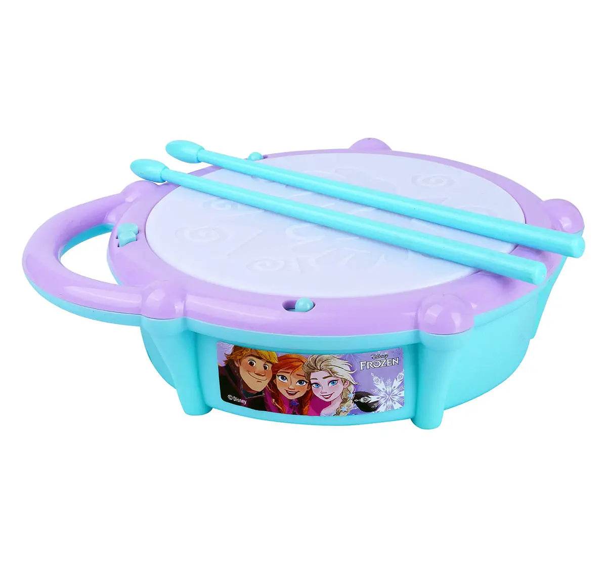 Purple and blue kids drum set featuring Frozen characters with two drumsticks for young music enthusiasts