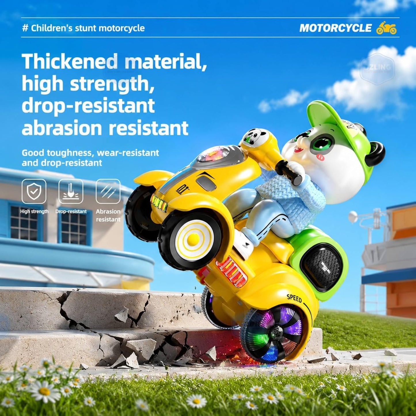 Kids electric scooter in yellow with a cute character design, suitable for ages 3-8, showcasing stunts