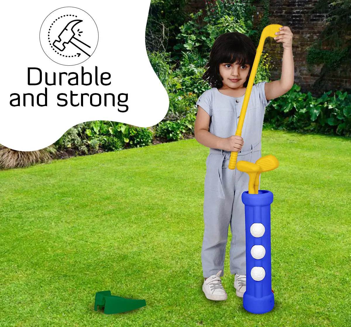 IToys kids golf set for beginners with durable blue club and white golf balls held by a child on grass