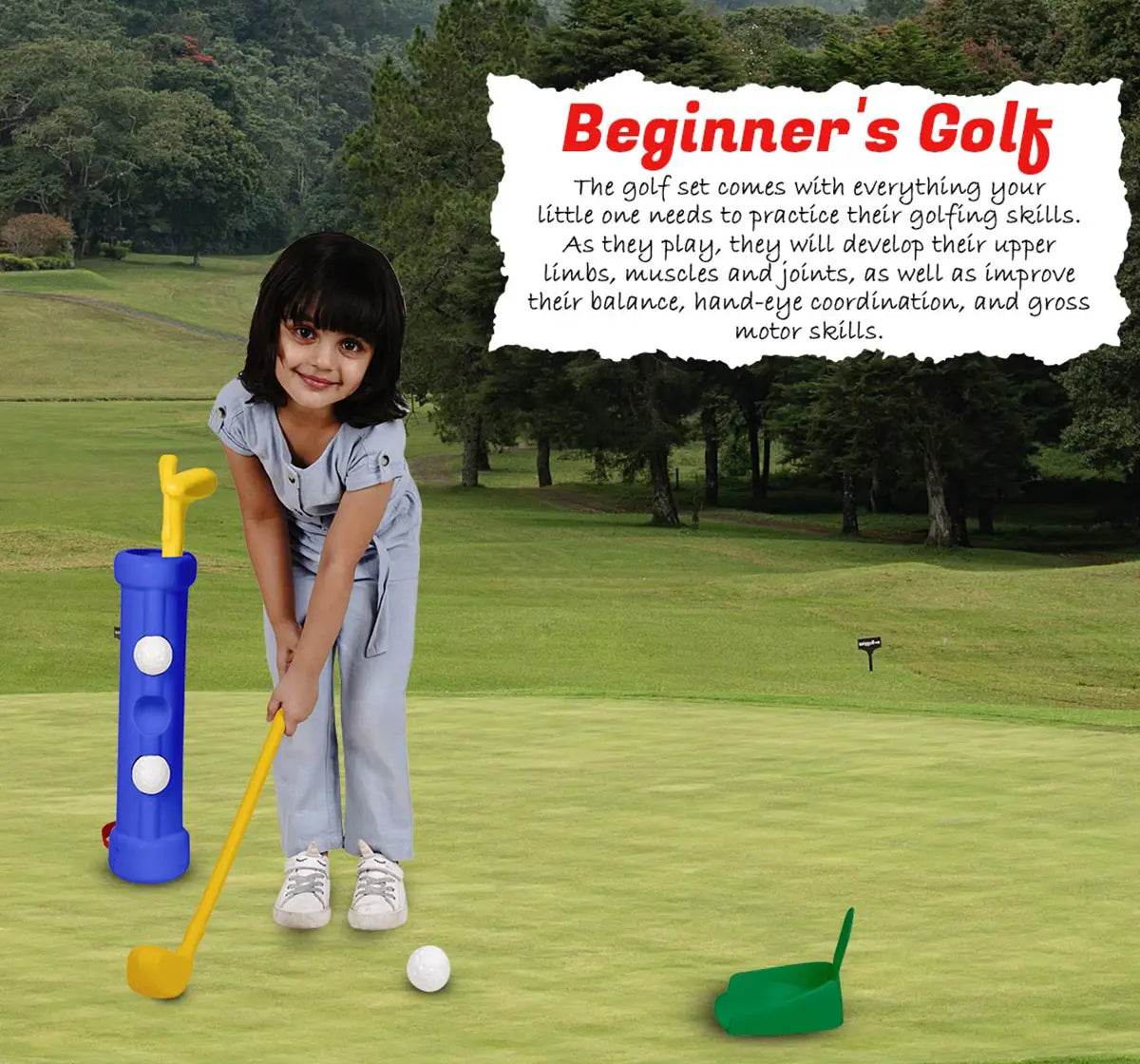 IToys kids golf set for beginners with child practicing putting on green with colorful club and bag