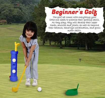 IToys kids golf set for beginners with child practicing putting on green with colorful club and bag