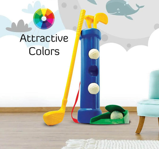 IToys kids golf set for beginners with colorful plastic clubs, golf balls, and bag for children