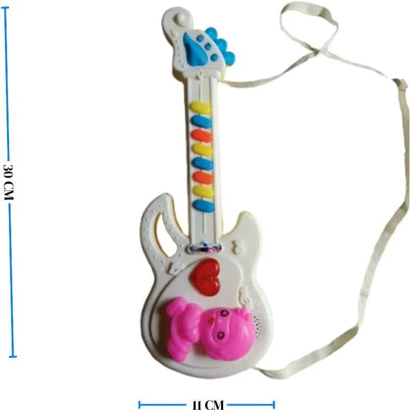 White kids musical guitar toy with colorful buttons and pink bear figure by T-Rex the toyland Sitamarhi
