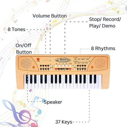 Kids piano keyboard multicolor with 37 keys, 8 tones, 8 rhythms, volume control, and recording features