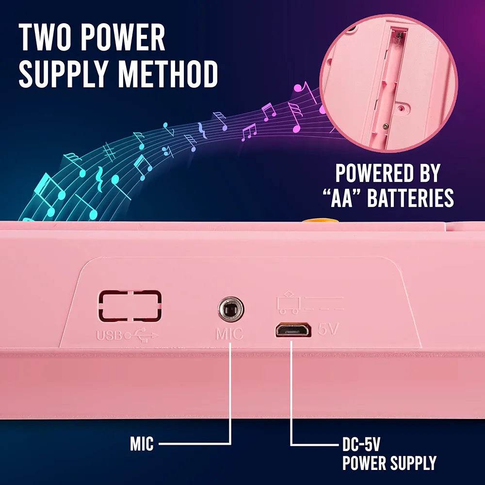 Close-up of kids piano keyboard multicolor showing dual power supply options with AA batteries and DC-5V port