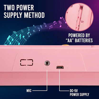 Close-up of kids piano keyboard multicolor showing dual power supply options with AA batteries and DC-5V port