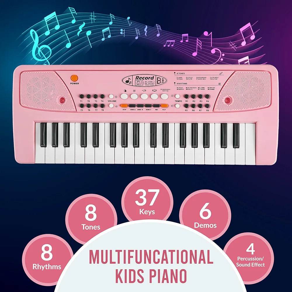 Pink kids piano keyboard multicolor with 37 keys and multifunctional tones for children