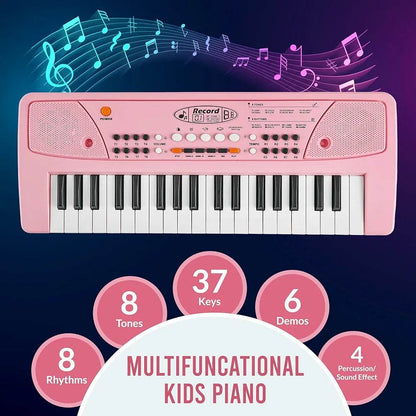 Pink kids piano keyboard multicolor with 37 keys and multifunctional tones for children