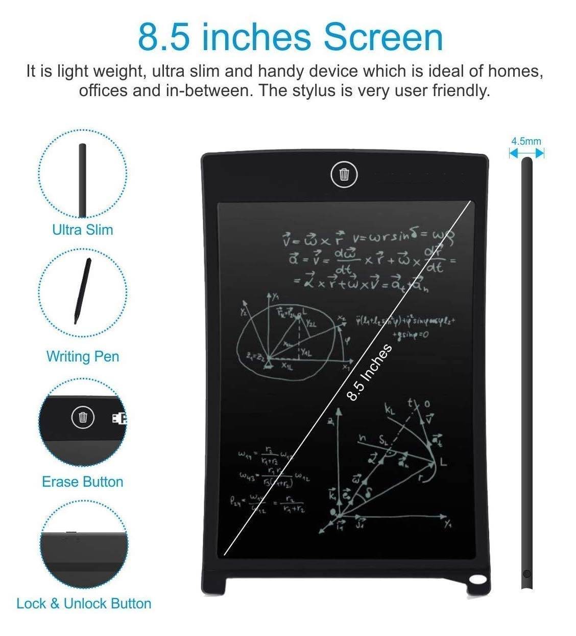 Black LCD writing tablet for kids featuring an 8.5-inch screen and easy-to-use stylus