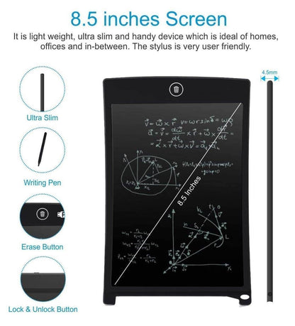 Black LCD writing tablet for kids featuring an 8.5-inch screen and easy-to-use stylus