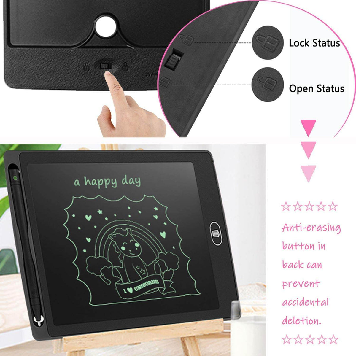 Black LCD writing tablet for kids with erase and lock functions, perfect kids tablet for drawing