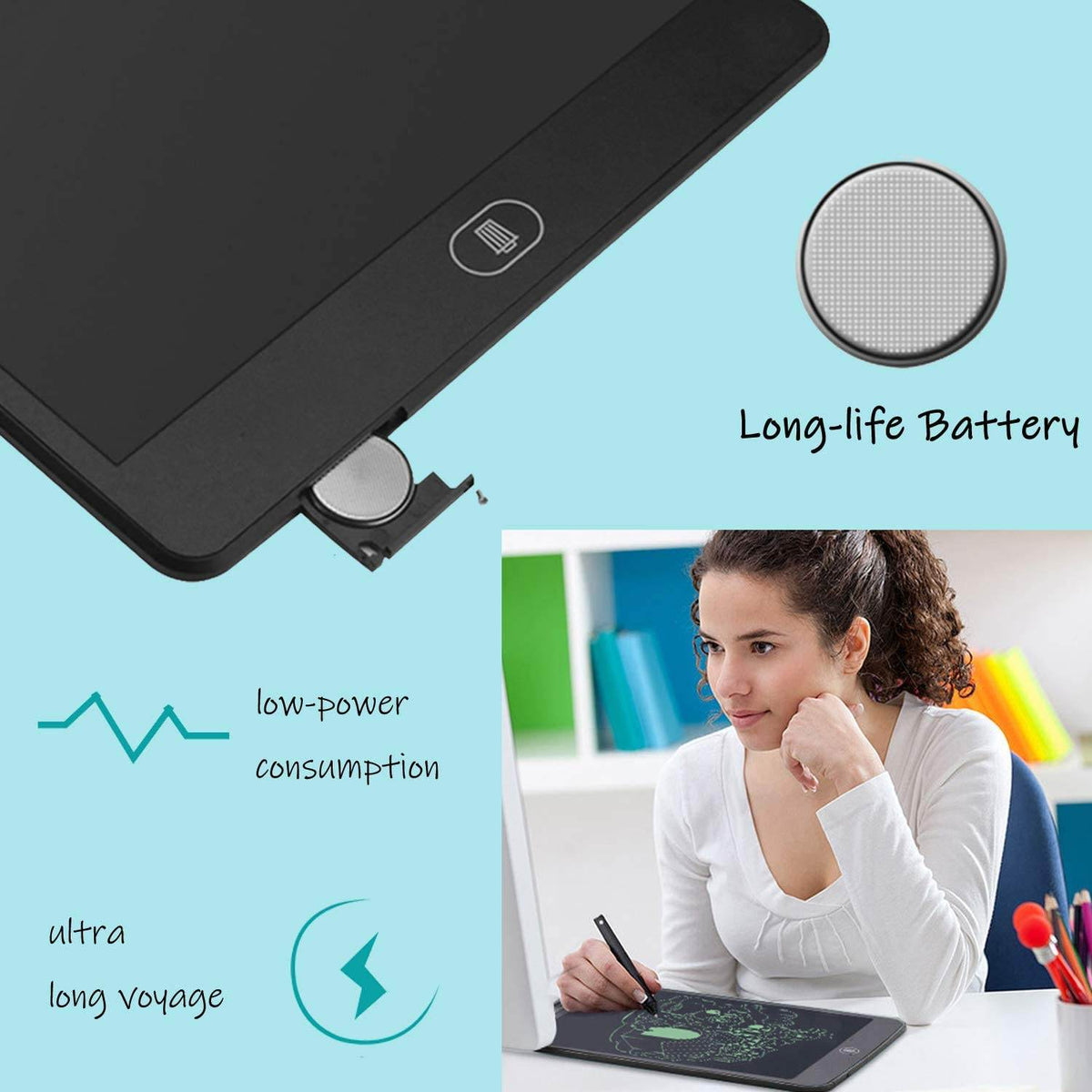 Black LCD writing tablet for kids with long-life battery, ideal for creative drawing and writing