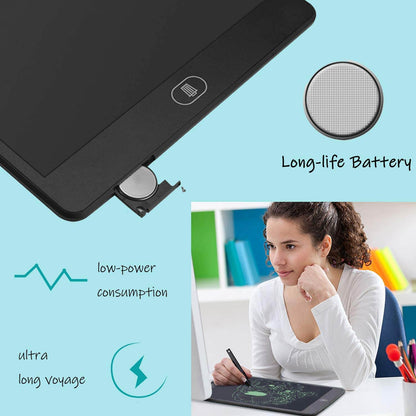 Black LCD writing tablet for kids with long-life battery, ideal for creative drawing and writing
