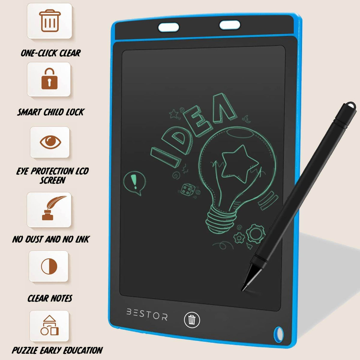 Blue LCD writing tablet for kids with one-click clear feature for easy note-taking