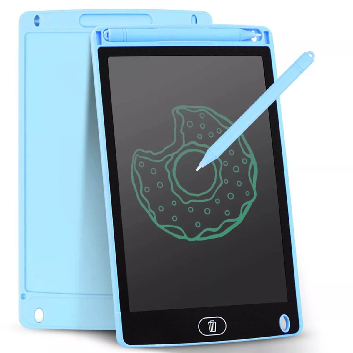 Blue LCD writing tablet for kids featuring a drawing pen designed for ages 3 and up