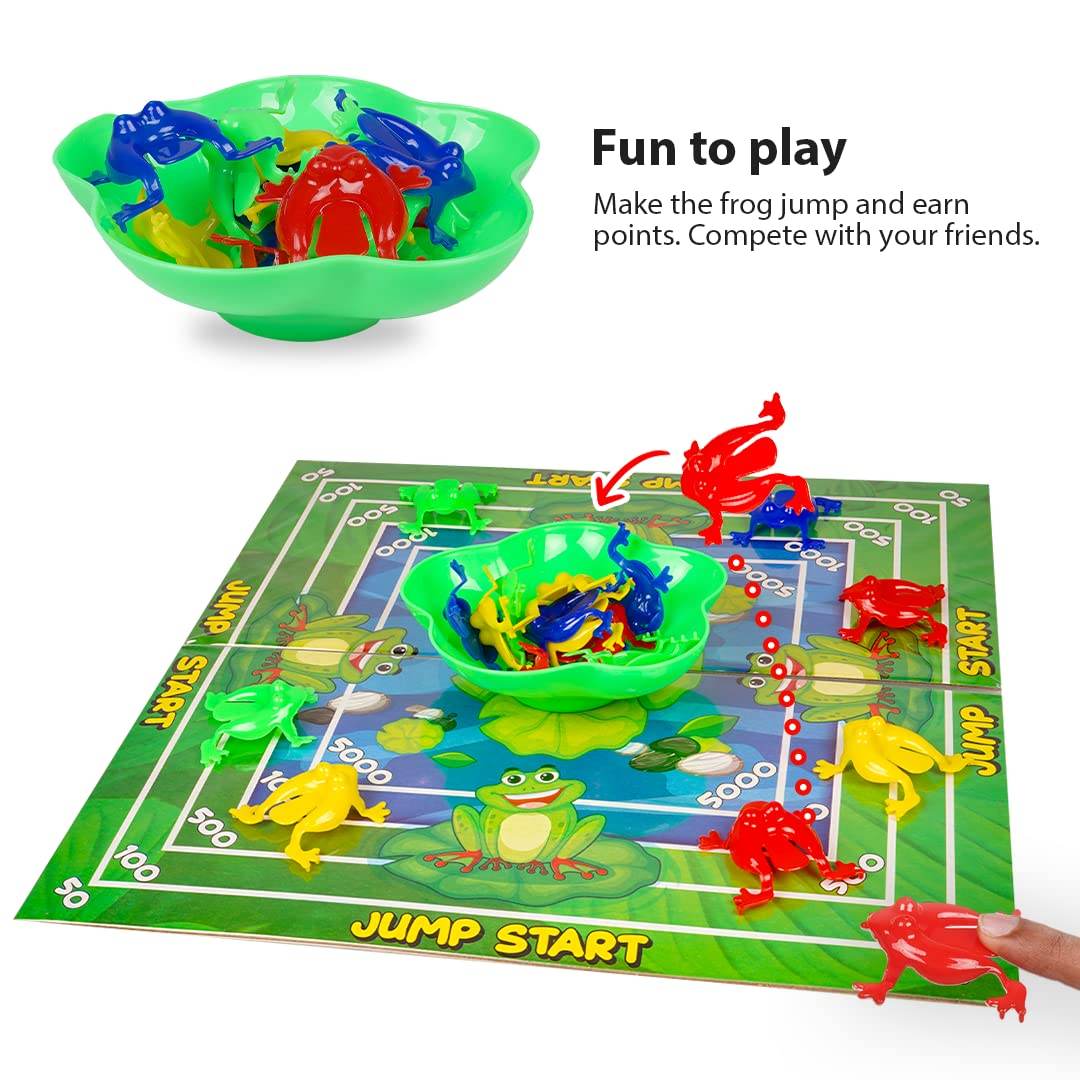 Colorful frog jumping game with plastic frogs for kids, promotes fun while encouraging teamwork in kids toy storage