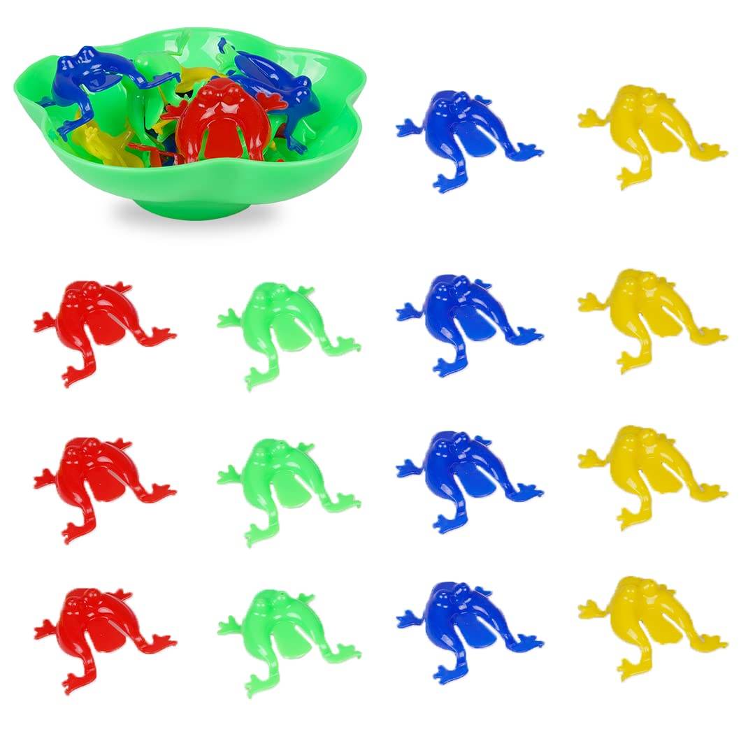 Colorful plastic frogs in a green bowl for kids' toy storage and playtime activities