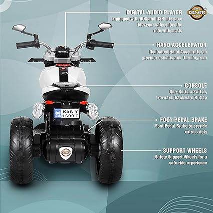 White ride-on bike with digital audio player for 3-7 years, features foot pedal brake and support wheels