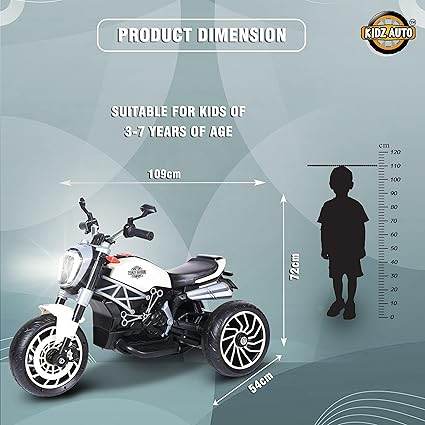 White ride-on bike for kids ages 3-7 years with dimensions displayed and a child silhouette for size reference
