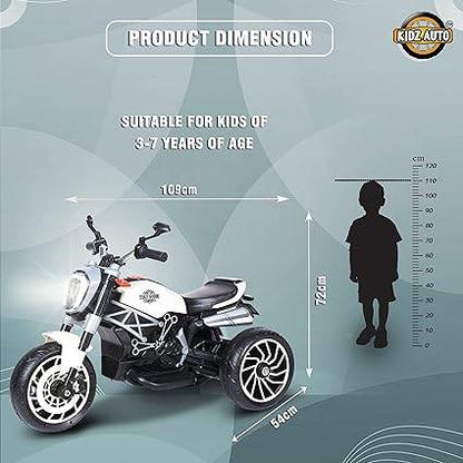 White ride-on bike for kids ages 3-7 years with dimensions displayed and a child silhouette for size reference