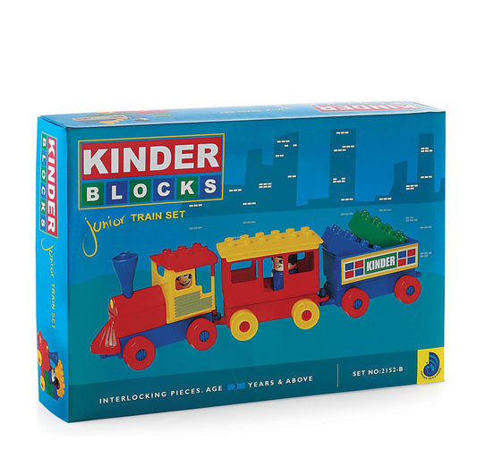 Kinder Blocks train set colorful interlocking pieces with a red and yellow toy train on blue packaging