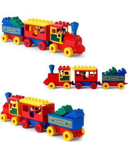 Colorful Kinder Blocks train set with red engine, yellow and blue carriages, and green blocks for kids