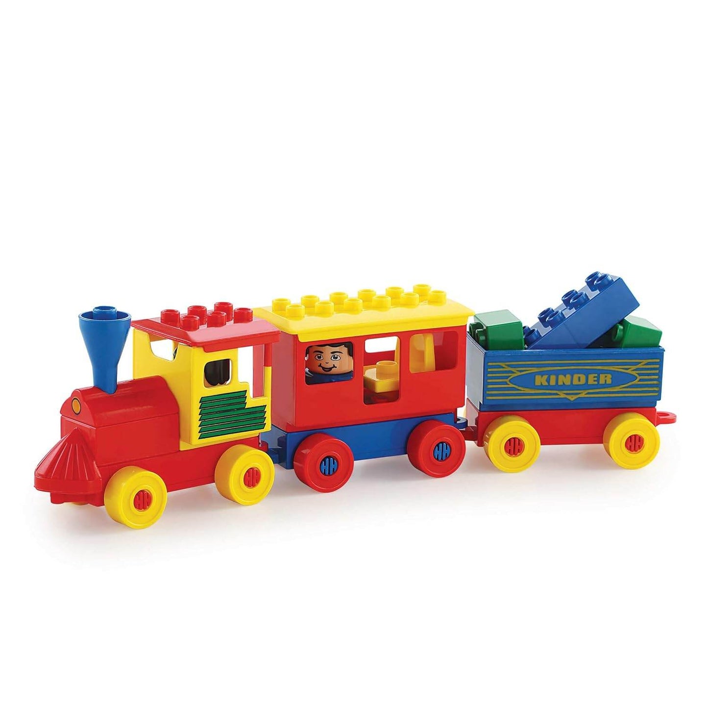 Colorful Kinder Blocks train set with red, yellow, and blue pieces including a locomotive and cargo car