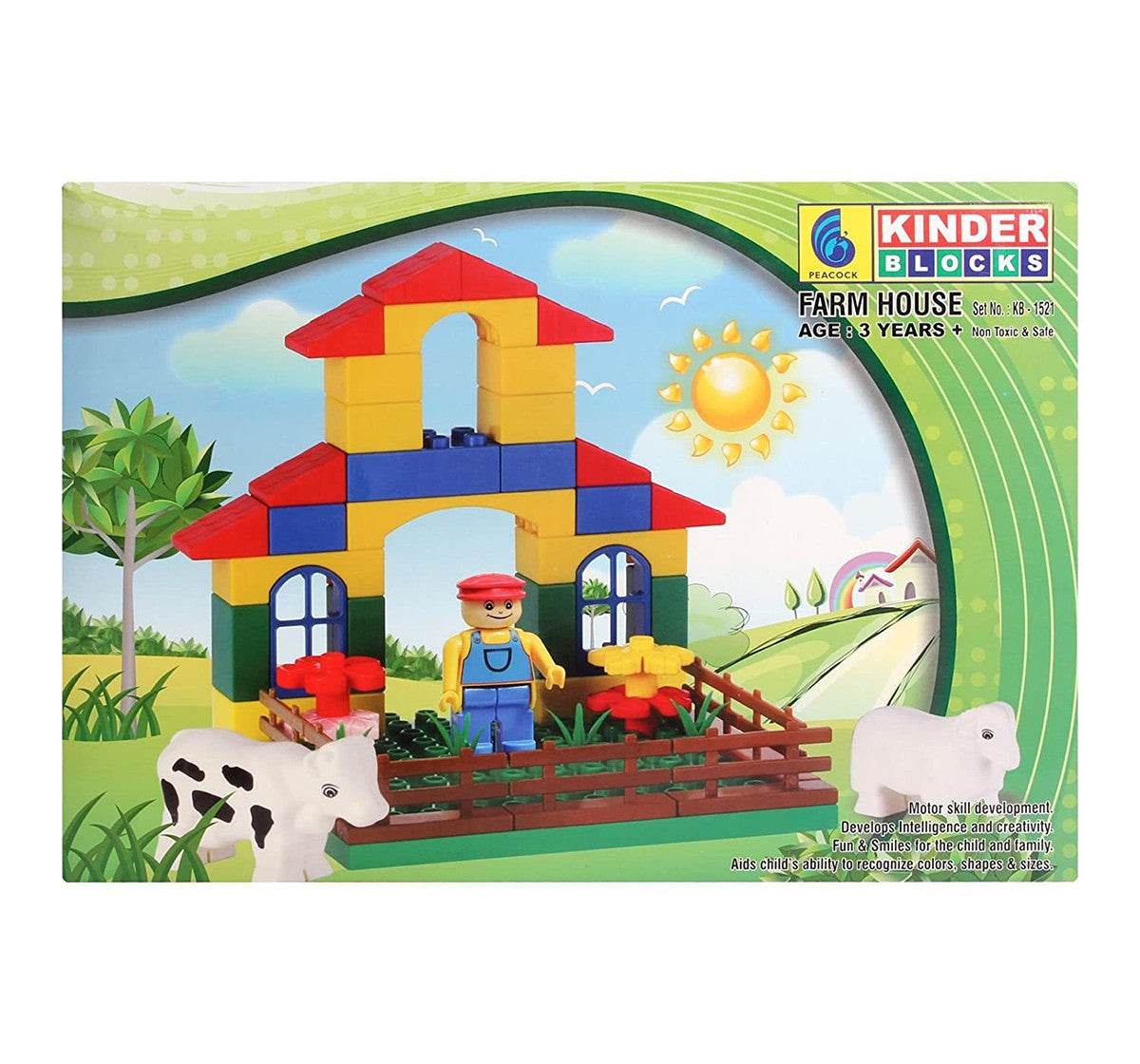 Peacock farm house building blocks for kids with colorful bricks, farmer figure, cow, and fence set