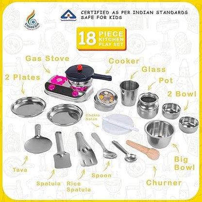 18-piece kitchen for play set with gas stove, pot, plates, and utensils for kids