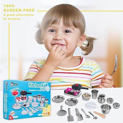 Colorful play kitchen set for kids with pots and utensils for imaginative play