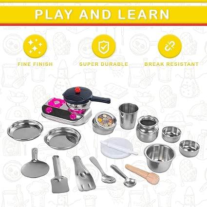 Stainless steel kitchen set for play, includes pots and utensils for kids ages 3 and up