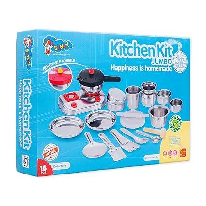 Colorful kitchen for play set with 18 pieces, including pots and utensils for kids age 3 and up