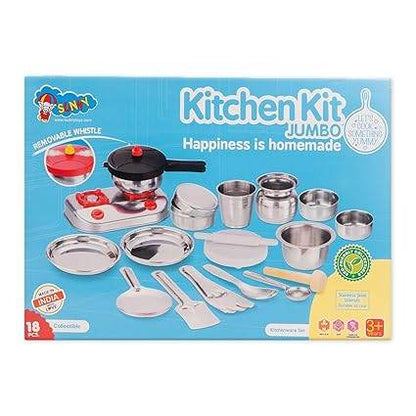 Colorful kitchen playset with pots and utensils for kids aged 3 and up, promoting kitchen for play
