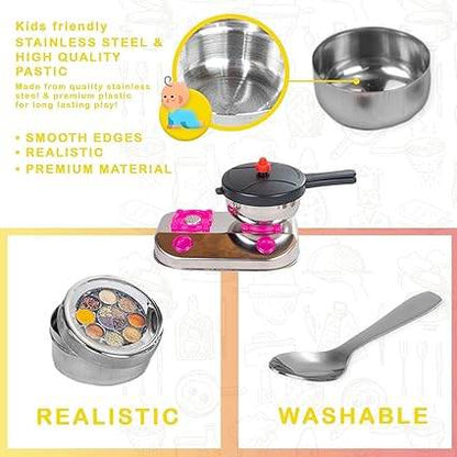 Realistic stainless steel kitchen set for play with smooth edges, ideal for toddlers