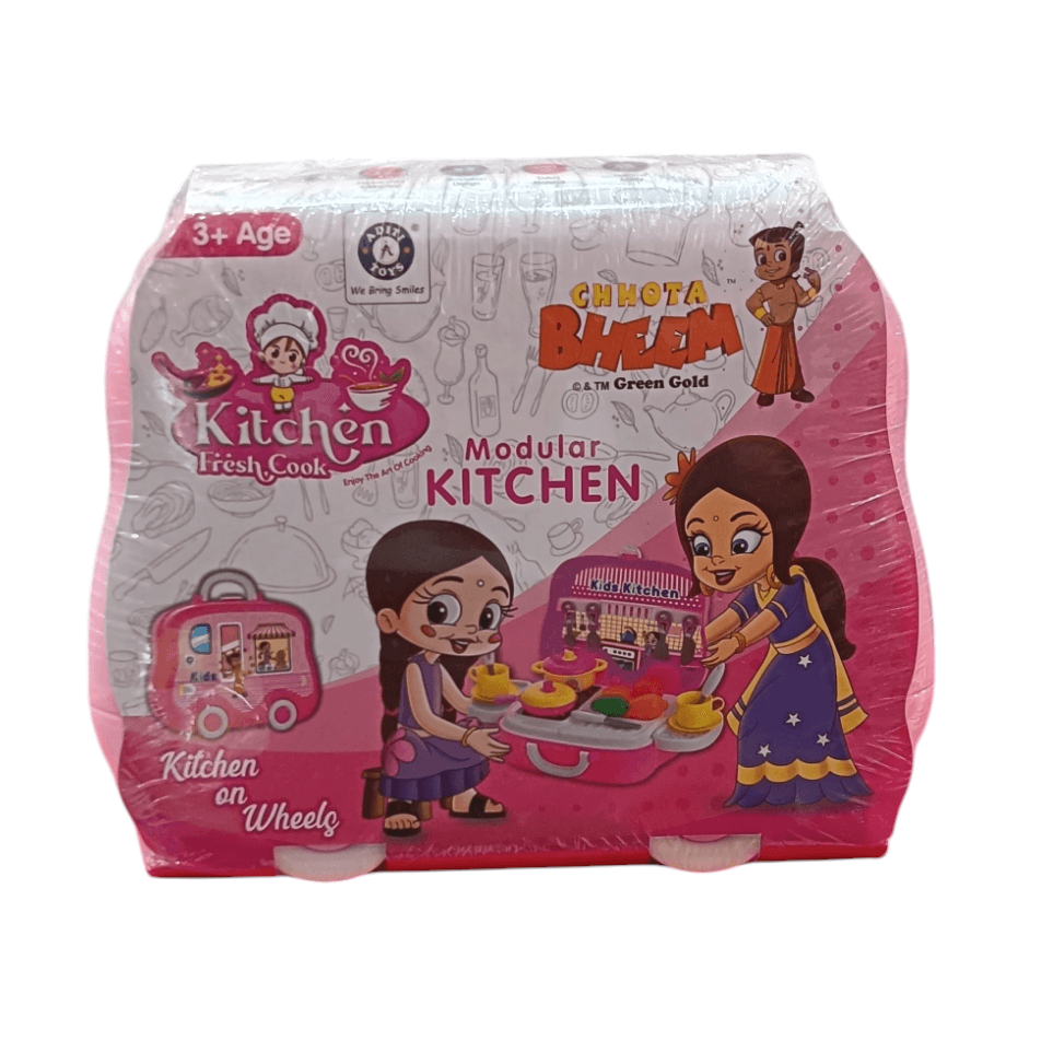 Modular kitchen toy set for kids featuring colorful kitchen play pieces and characters on the packaging