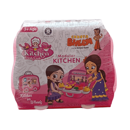 Modular kitchen toy set for kids featuring colorful kitchen play pieces and characters on the packaging
