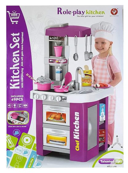 Purple kitchen toy set with play food and accessories for imaginative role play for children age 3 and up