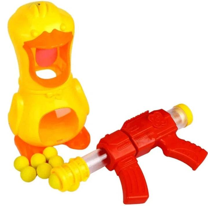 Hungry duck shooting game toy set with yellow duck figure and red toy gun with yellow balls