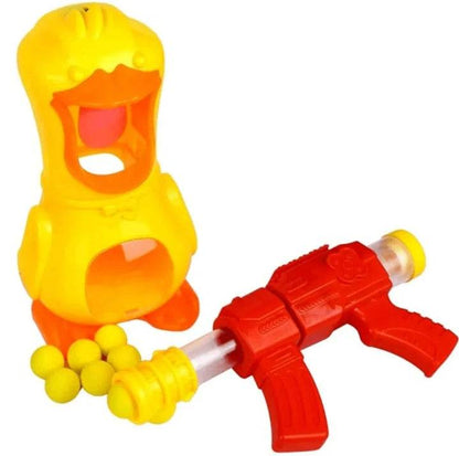 Hungry duck shooting game toy set with yellow duck figure and red toy gun with yellow balls