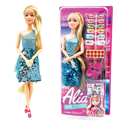 Alia Nail Studio doll set featuring a blonde doll in a blue sequin dress with nail accessories