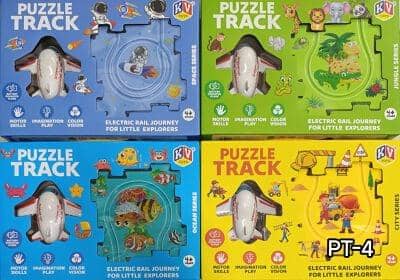 Colorful puzzle track train set featuring Amtrak train for young explorers