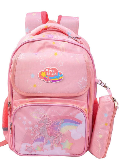 Pink large capacity unicorn bag for school with rainbow and star design and multiple compartments