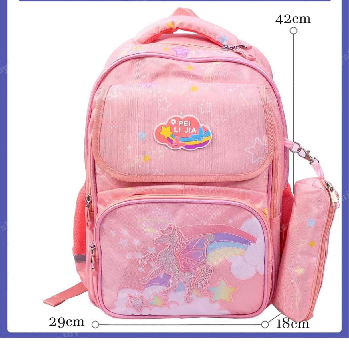 Pink large capacity unicorn bag for school with multiple compartments and rainbow design