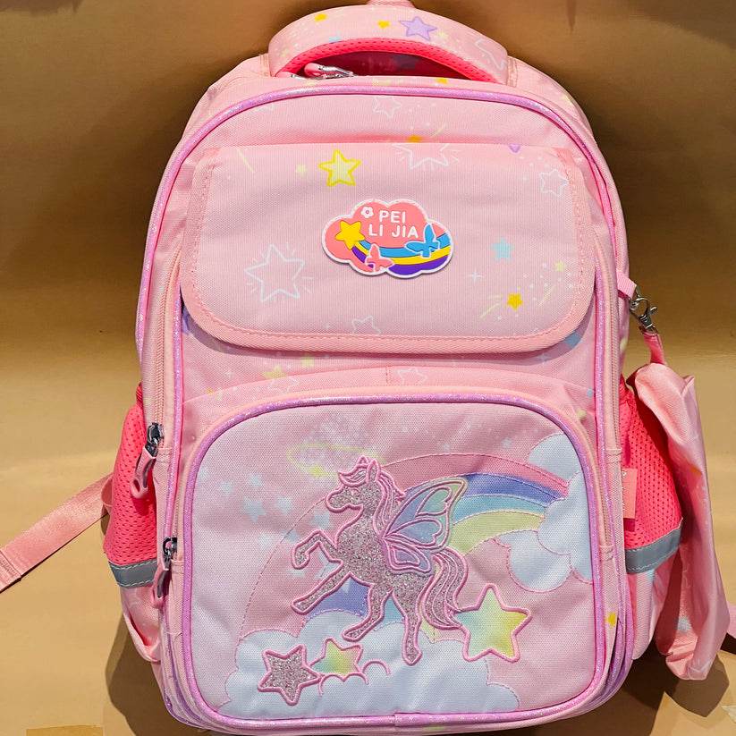 Pink large capacity unicorn bag for school with rainbow and star designs by T-Rex the toyland Sitamarhi