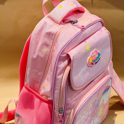 Pink large capacity unicorn bag for school with multiple zippered compartments and star patterns