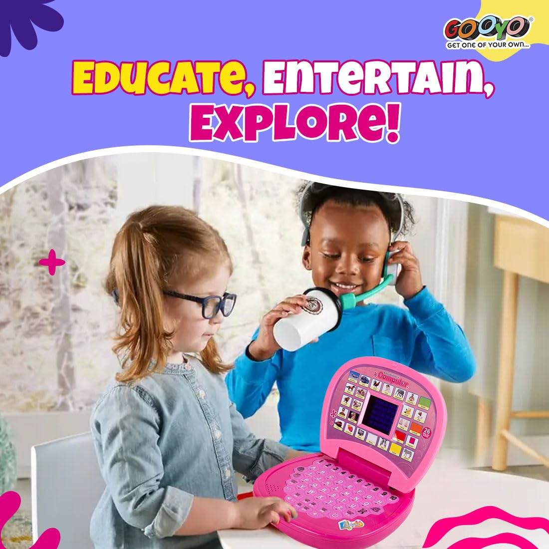 Pink learning laptop for toddlers with interactive activities for ages 3-5 years