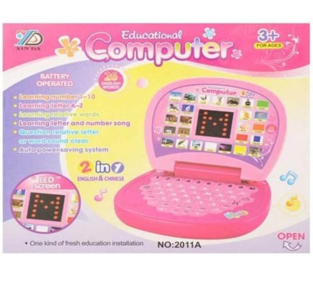 Pink educational computer toy with LED screen for ages 3+ promoting learning with laptop