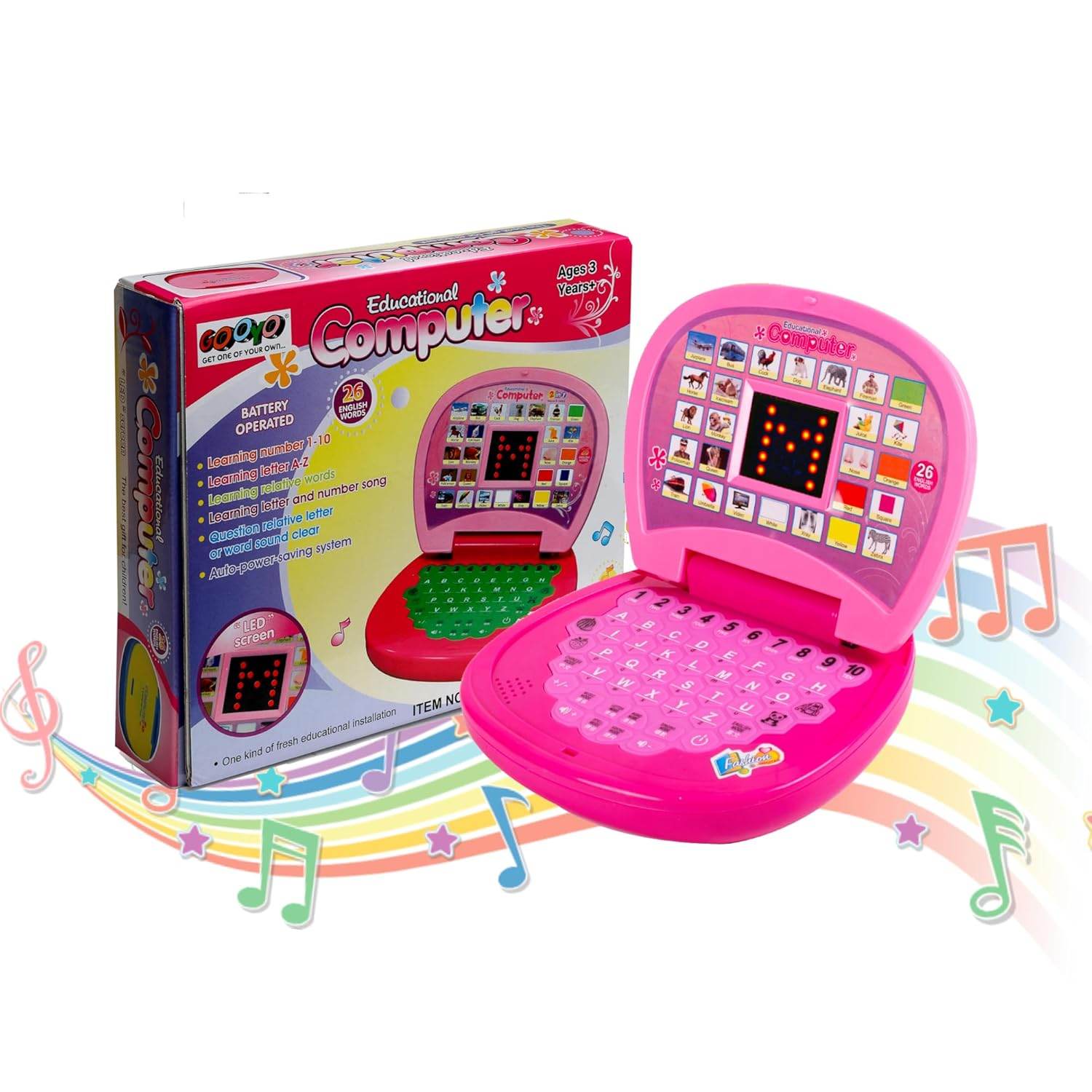 Pink educational laptop toy for kids that promotes learning with laptop for ages 3-7 years