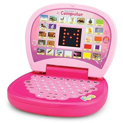 Pink educational toy laptop for kids, perfect for learning with laptop and ages 3-6 years