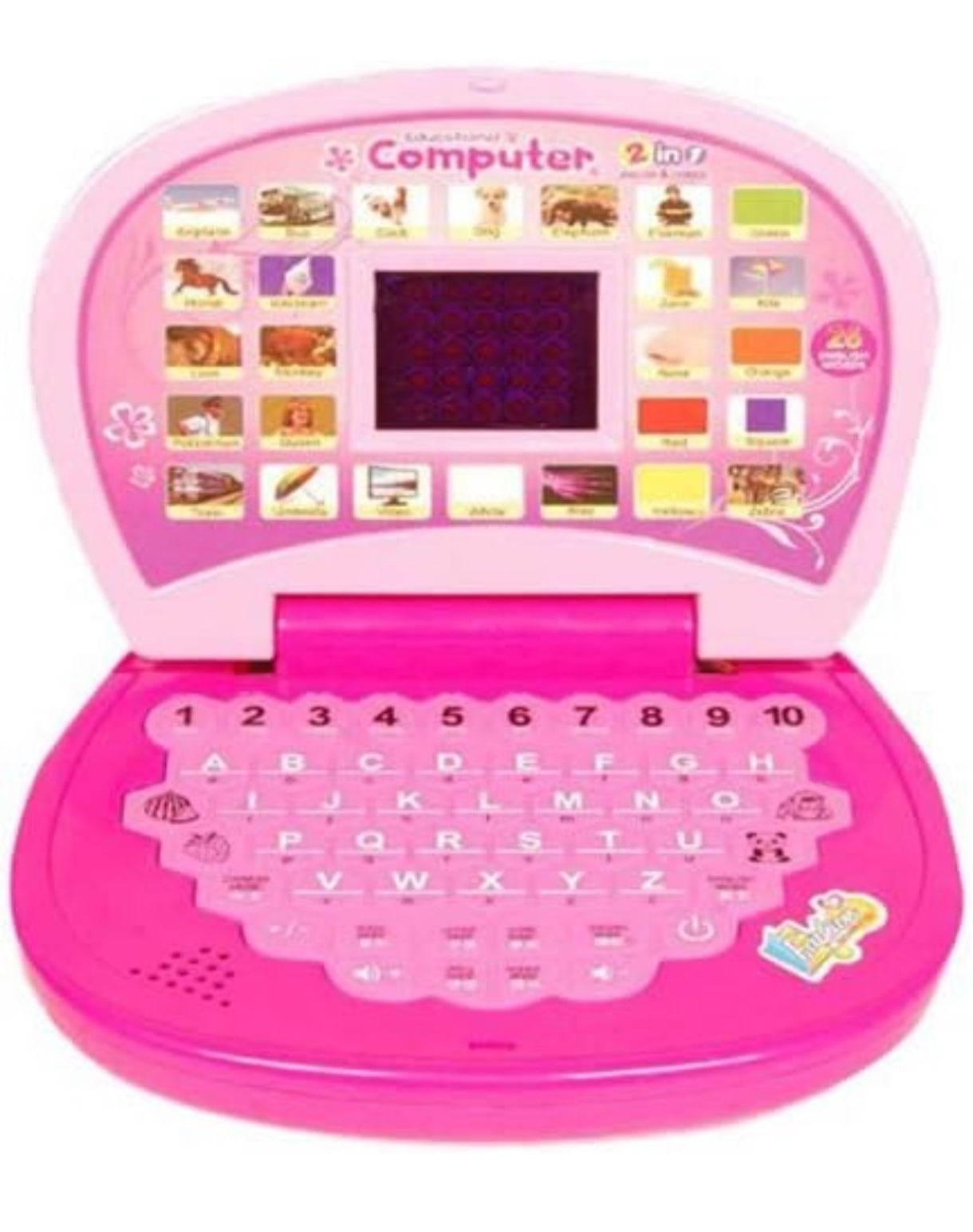 Pink learning laptop toy for kids with interactive buttons and fun sounds